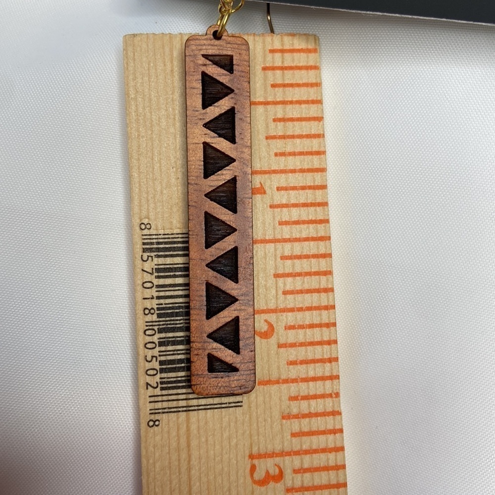 Hand Crafted Triangle Wooden Bar Laser Cut Hawaii Island Wood Pierced Earrings - Picture 2 of 5